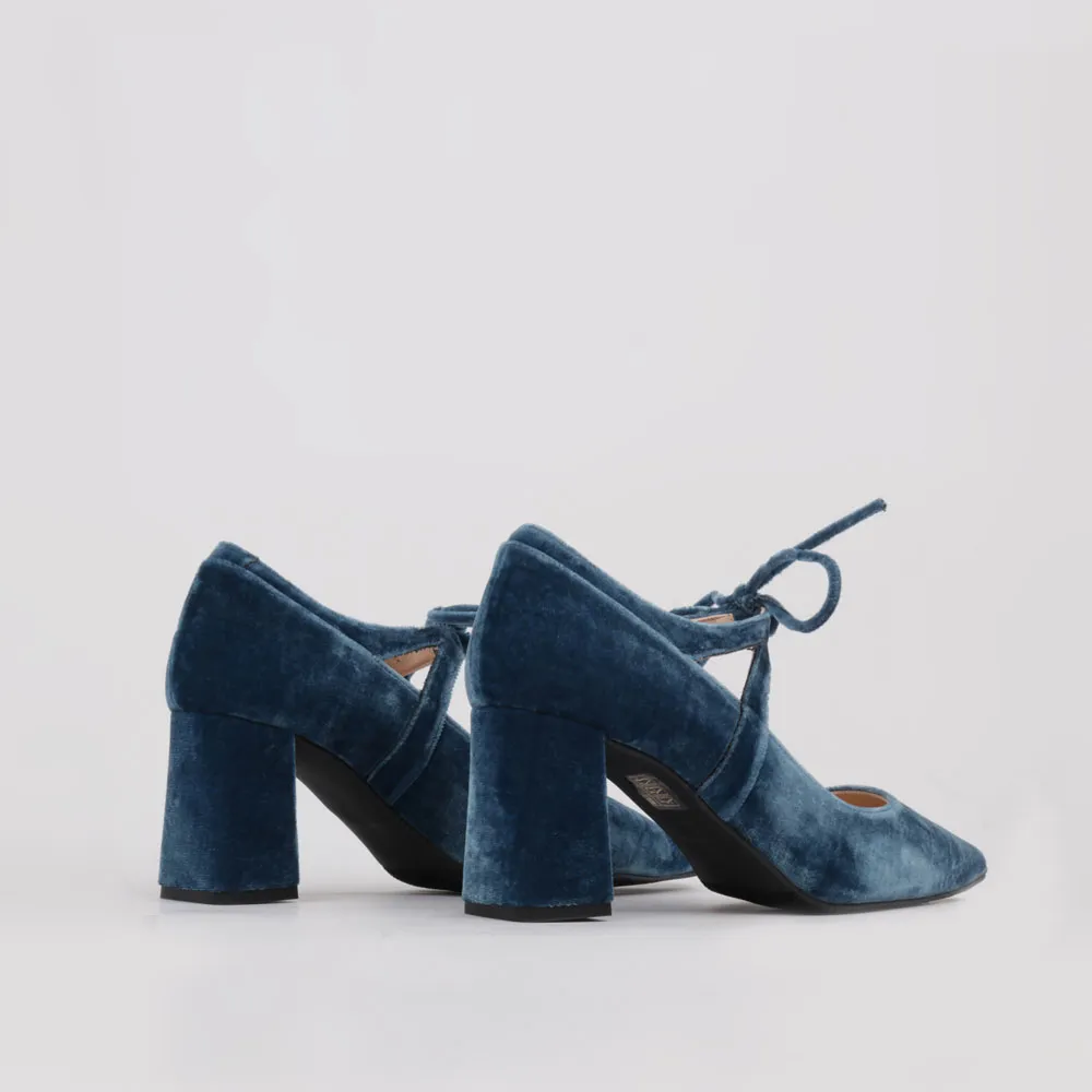 Zapatos terciopelo azul RANIA ▻ Zapato de fiesta tacón cómodo