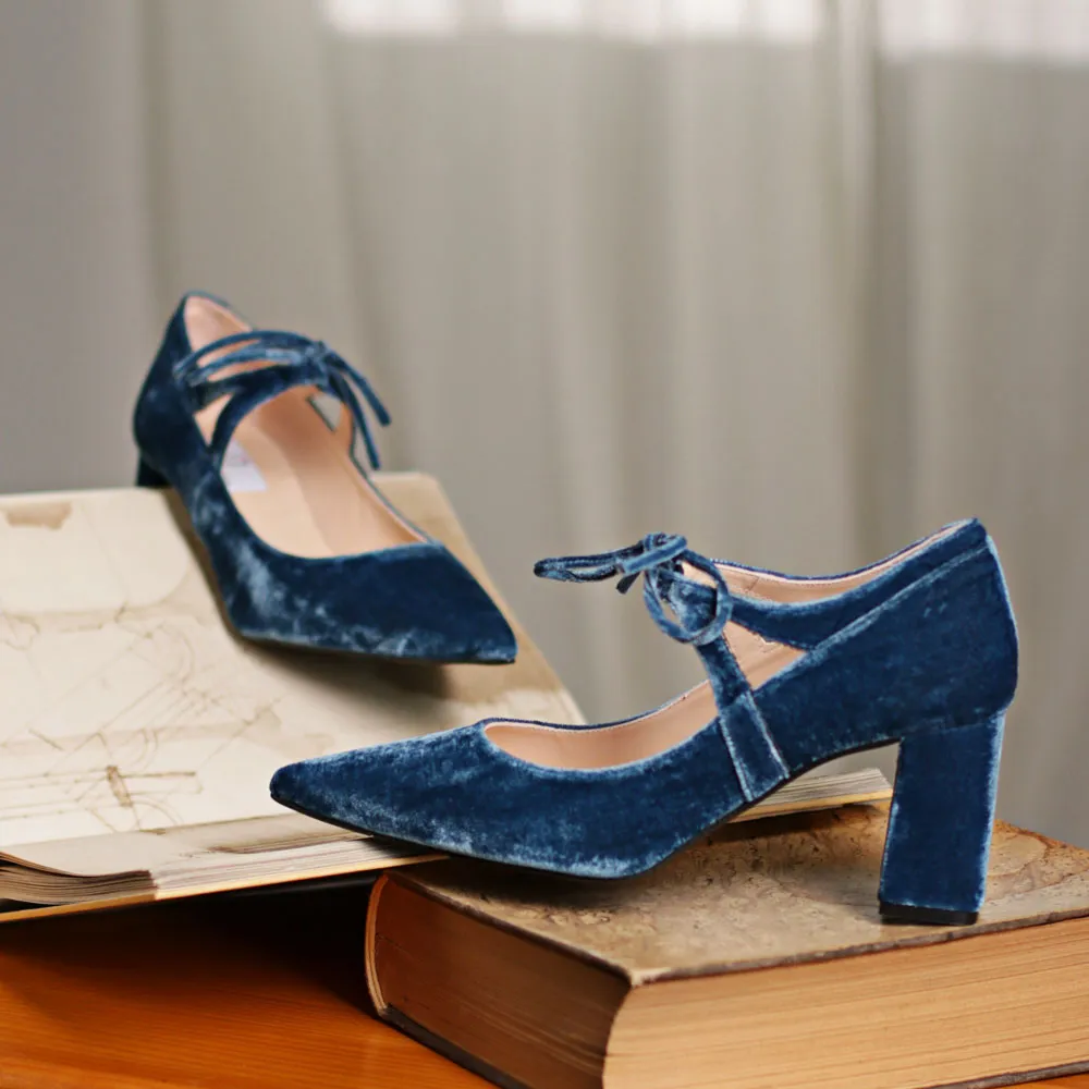 Zapatos terciopelo azul RANIA ▻ Zapato de fiesta tacón cómodo