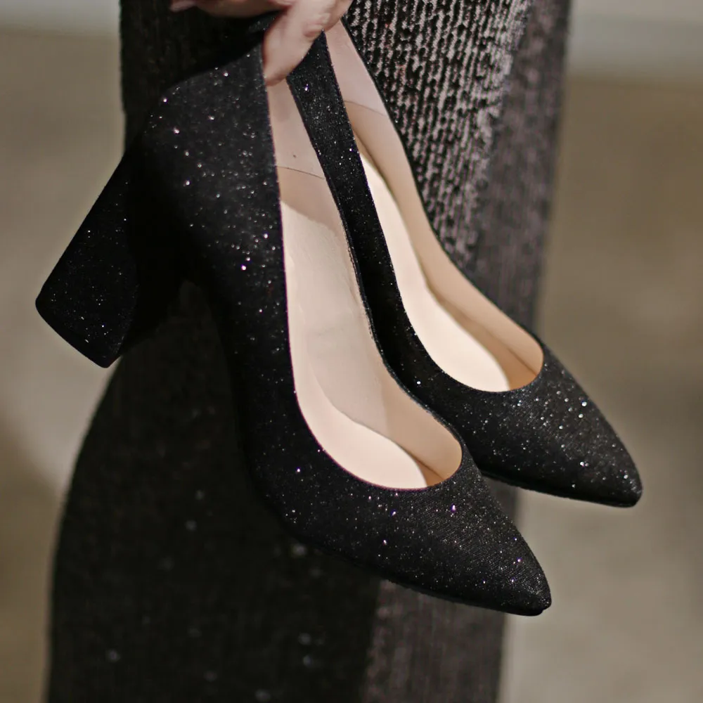 Zapato negro glitter tacón ancho | Luisa Toledo Zapatos LT mujer