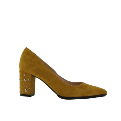 Stilettos tacón bloque detalle tachas ADRIANA color mostaza