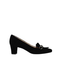 GRETA mid heeled loafers black suede with fringes