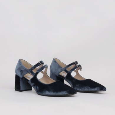 Zapato terciopelo azul tacón ancho CLARISA | LUISA TOLEDO